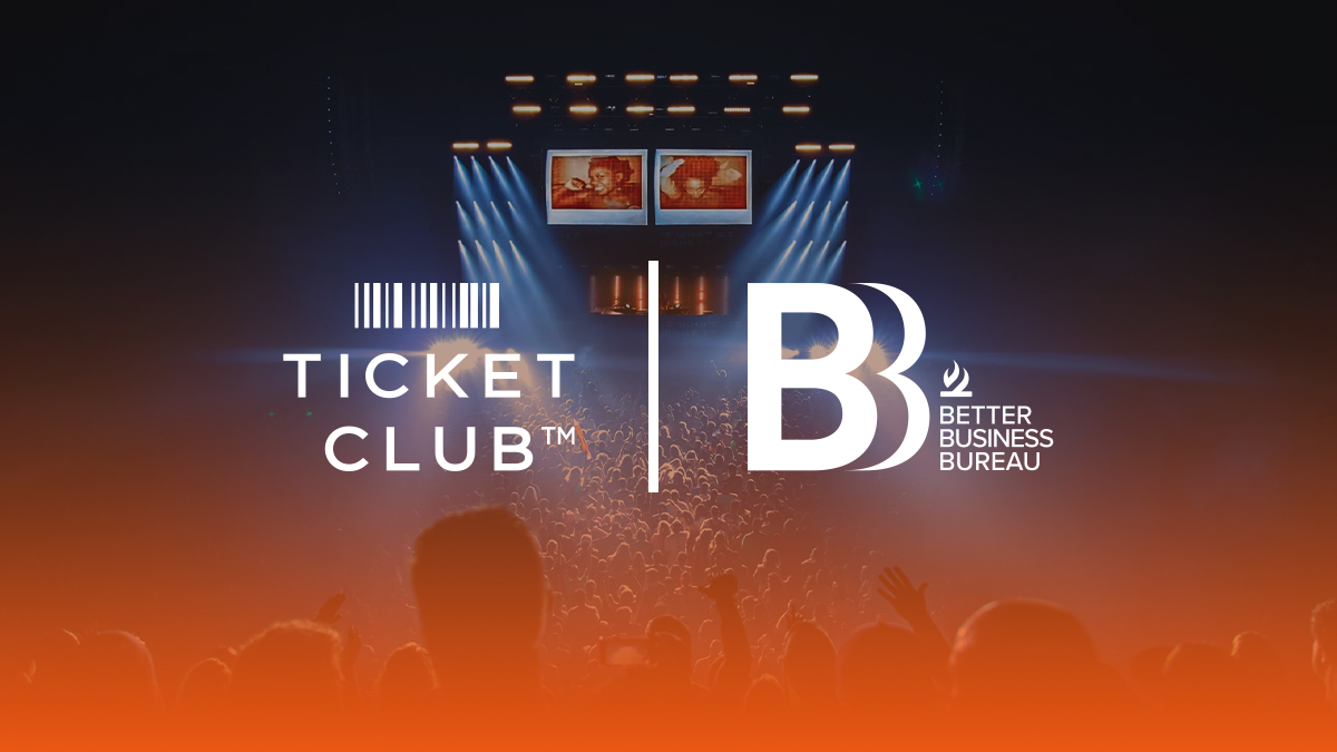 TicketClub logo and Better Business Bureau logo over a stylized background